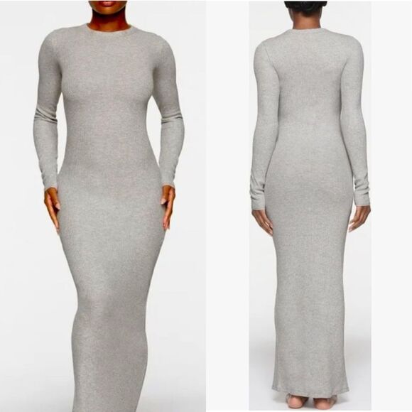 SKIMS Fits Everybody Ribbed Long sleeve crew neck maxi dress - Picture 1 of 5